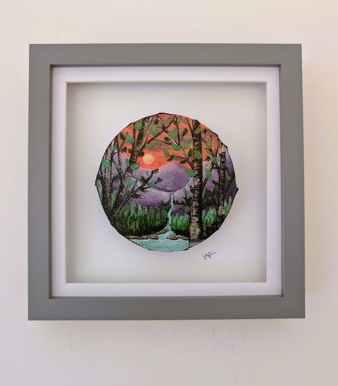 The Waterfall Original 10cm Circular Framed Painting