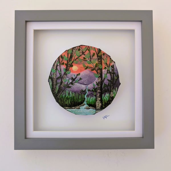 The Waterfall Original 10cm Circular Framed Painting