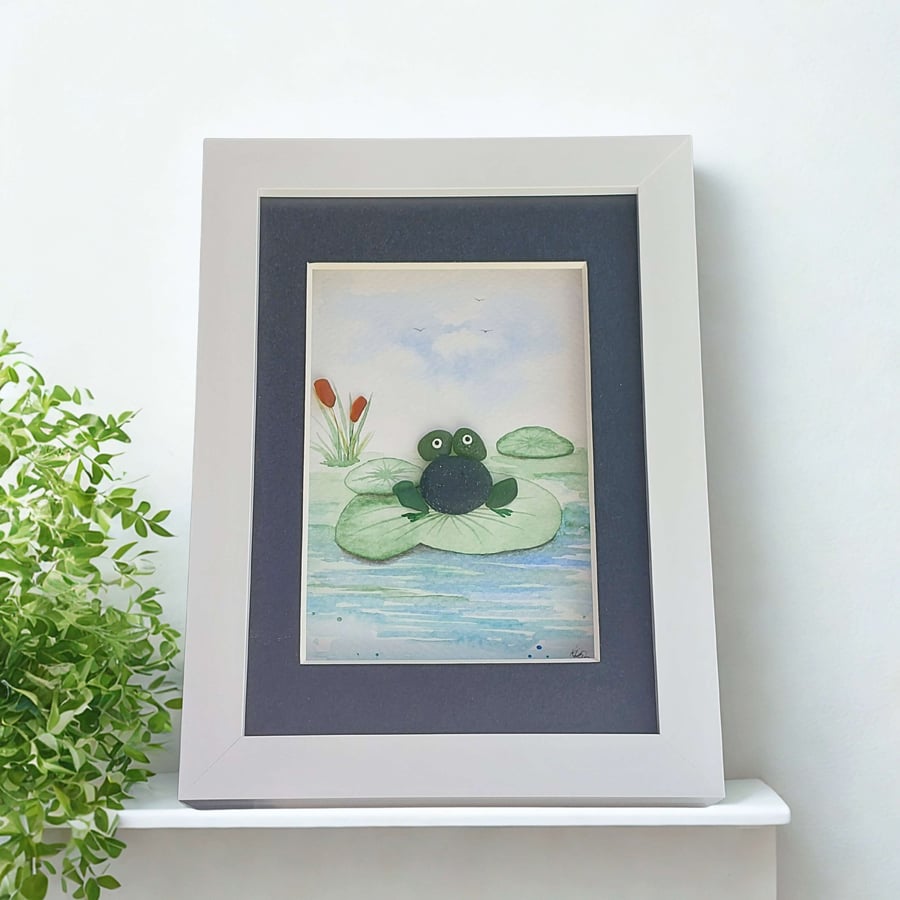 Image of Sea Glass Frog Picture, Quirky Handmade Frog Art, One-of-a-Kind Nature Gift
