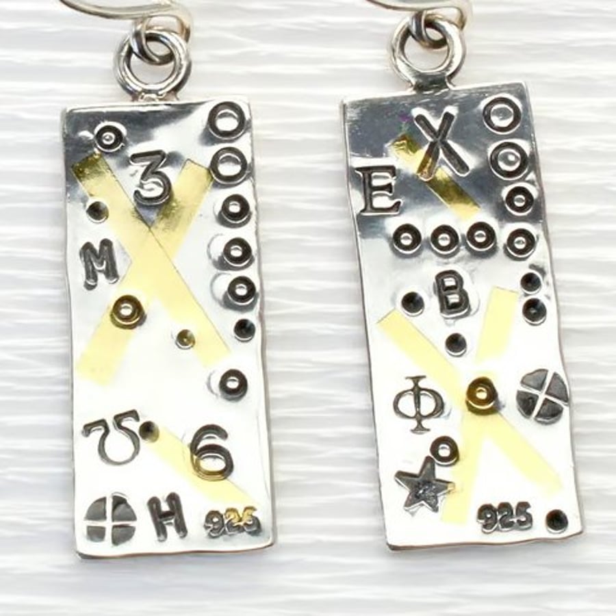 Handmade contemporary silver and gold earrings, Keum boo technique