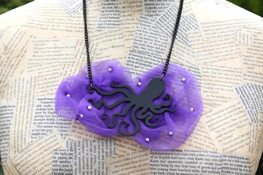 Black Octopus Purple Fabric Textile Pearl Bead Statement Necklace