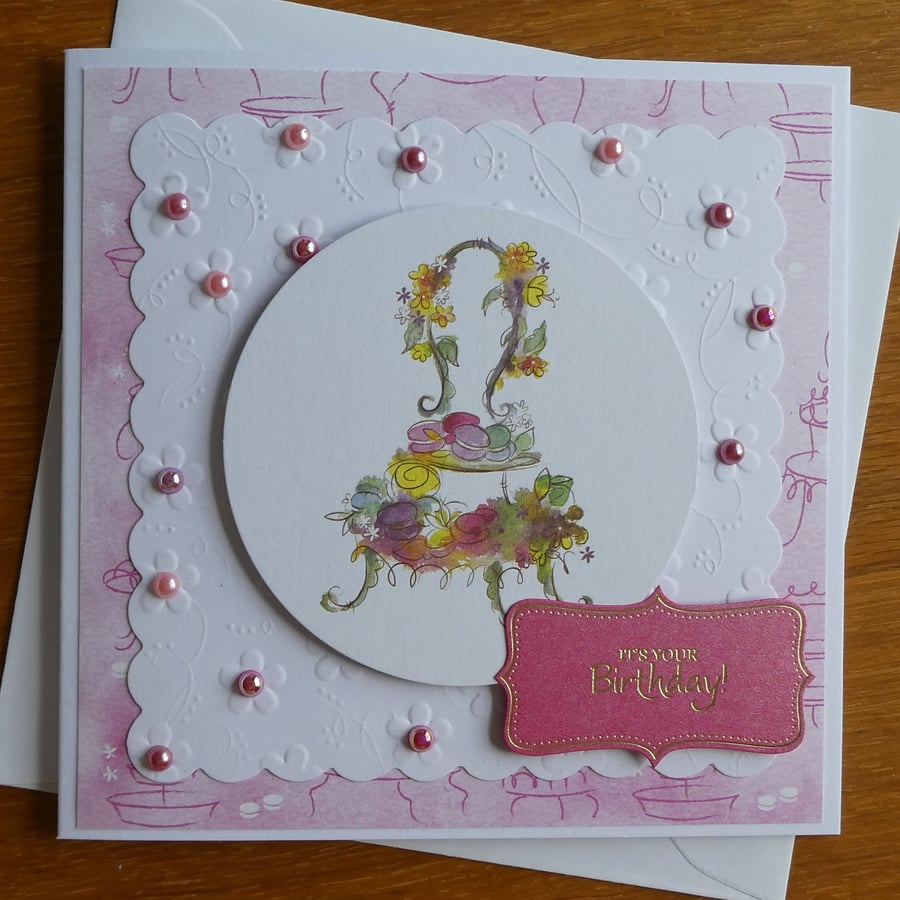 Birthday Card - Cake Stand & Flowers - Pink