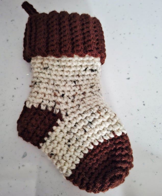 Miniature crocheted festive stocking - tweed colours