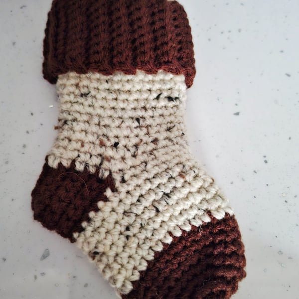 Miniature crocheted festive stocking - tweed colours