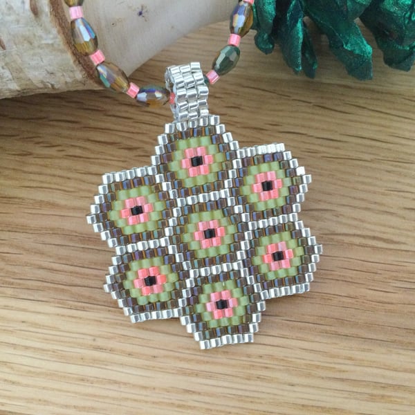 Hexagon Beadwork Pendant Necklace