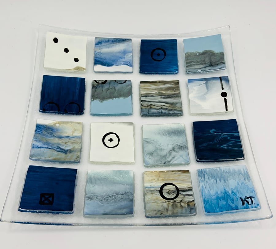Beautiful Blue and Brown Fused Glass dish. Hand painted and embellished 