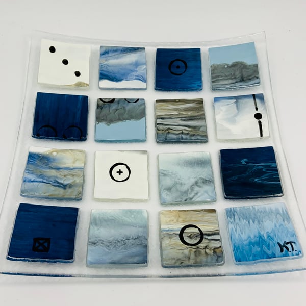 Beautiful Blue and Brown Fused Glass dish. Hand painted and embellished 