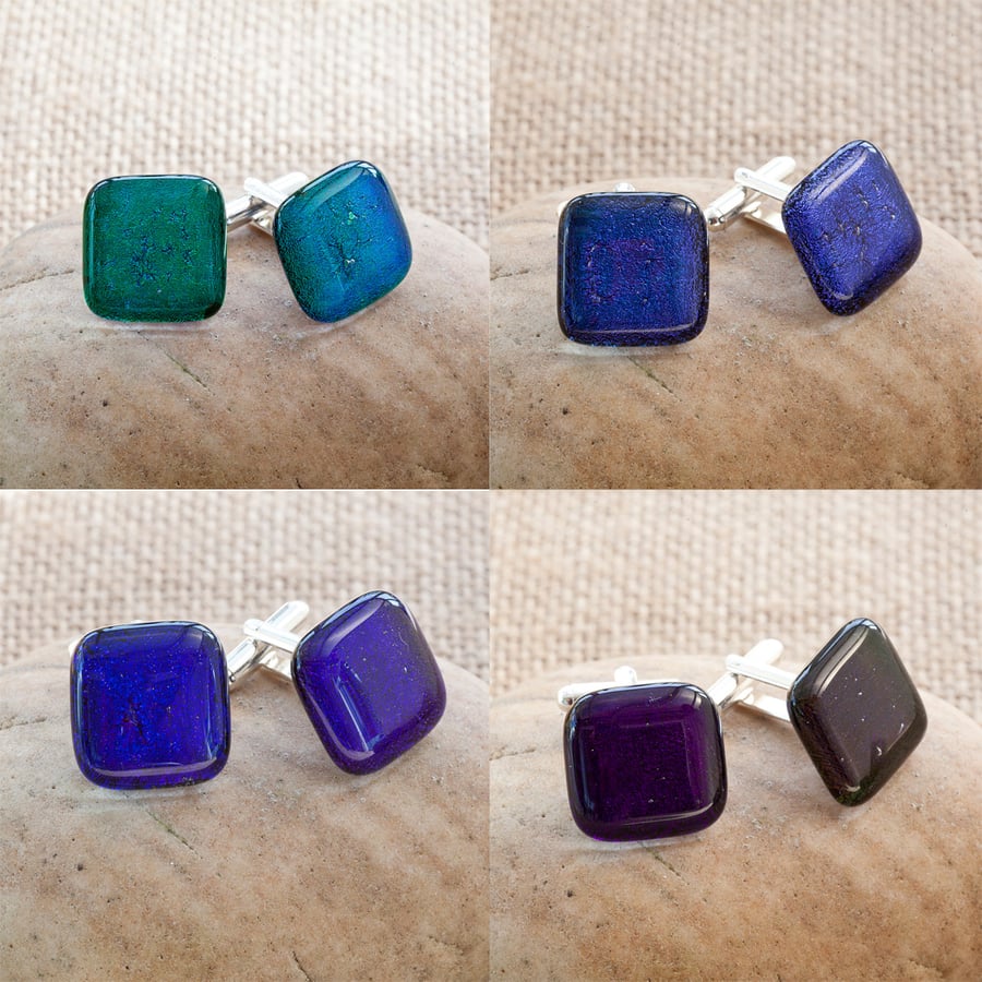 Green, Blue and Purple Dichroic Fused Glass Cufflinks 