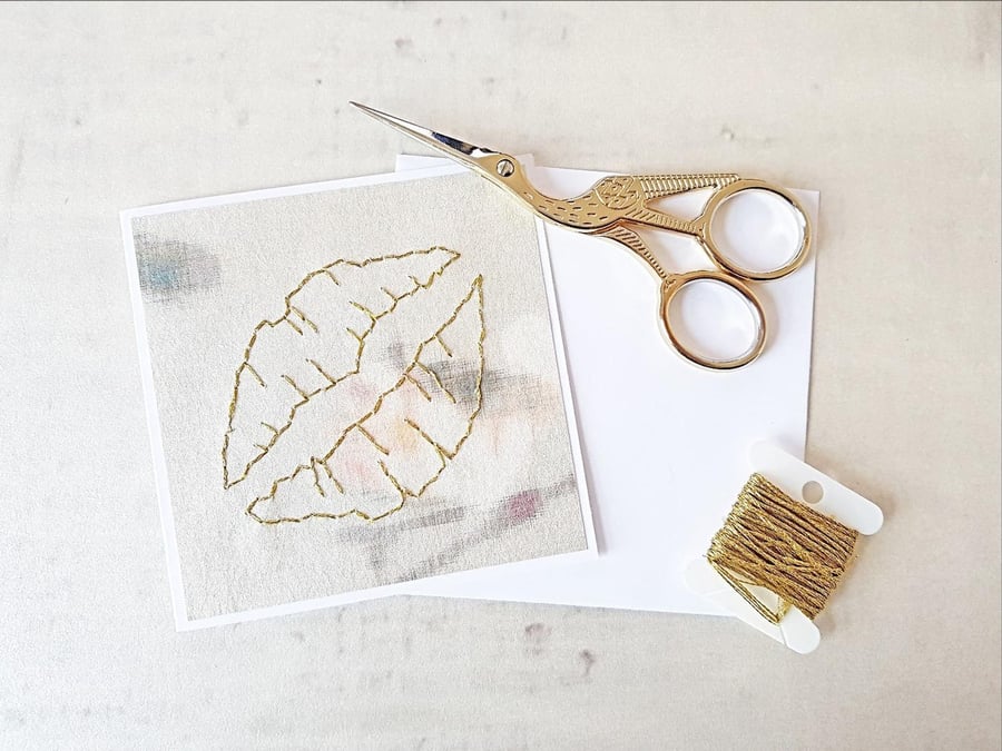 SALE Hand Stitched Gold Lips Card