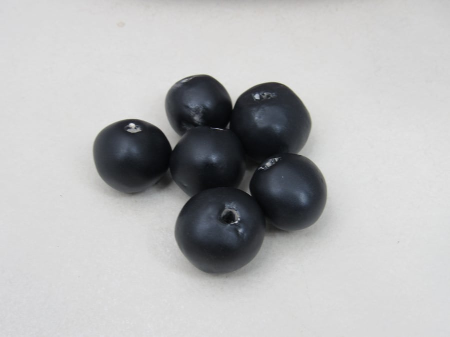 6 Medium Coal Black Glazed Clay Beads