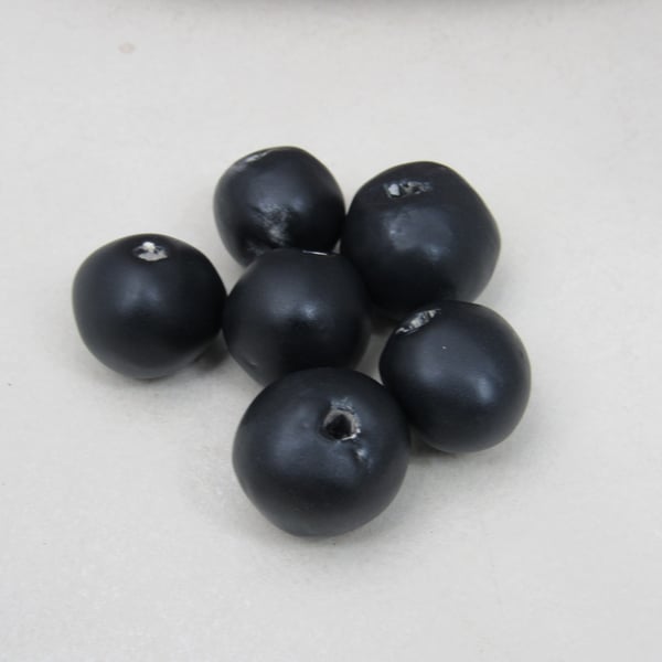 6 Medium Coal Black Glazed Clay Beads