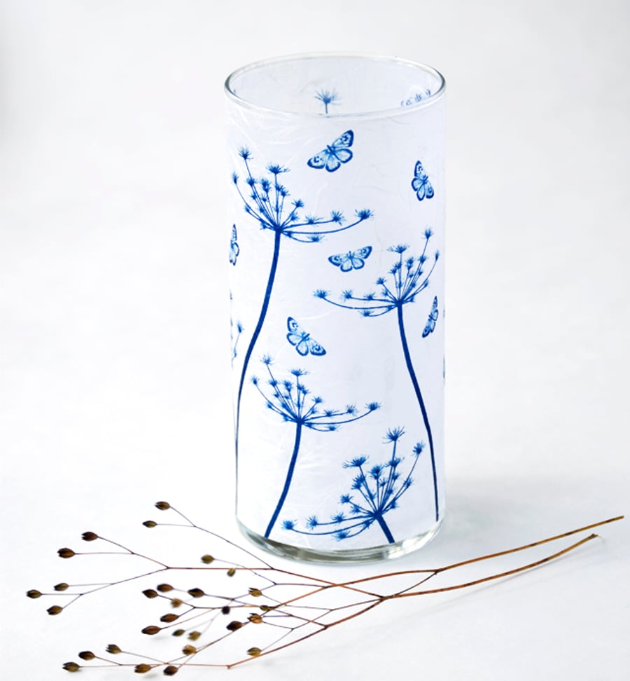 Cow Parsley Seed Heads with Butterfly Cyanotype Blue & White Large Cylinder Vase
