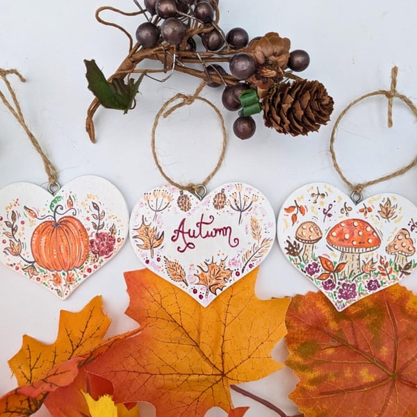 Pumpkin, Toadstool and Autumn set of 3 hand-painted heart decorations