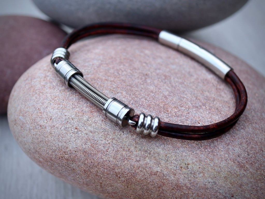 Personalised, engraved Guitar string leather bracelet.