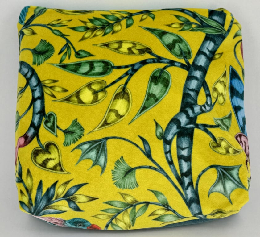 Handmade Emma Shipley velvet fully lined zip purse, yellow exotic tropical desig