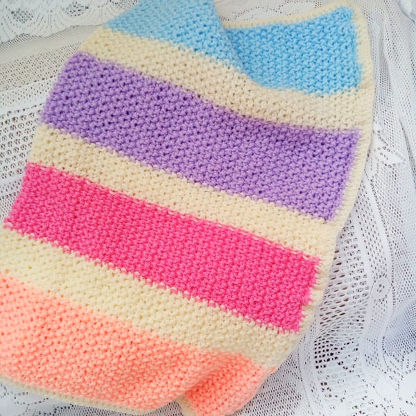 Hand Knitted Striped Blanket Made With Aran Yarn, Baby Shower Gift