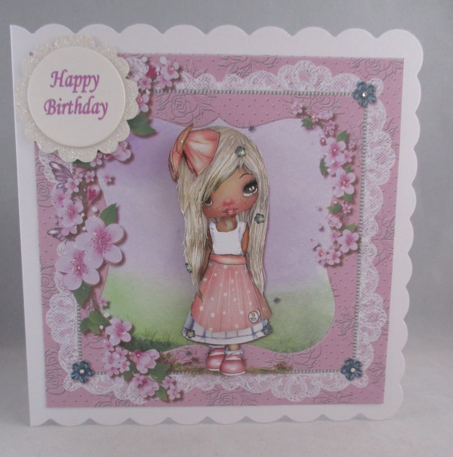 Pretty Girl,Doll scalloped edged Birthday Card,Personalise