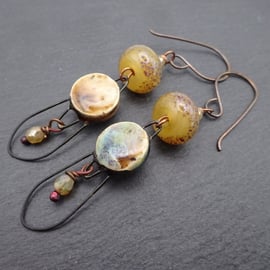 cream lampwork glass earrings, copper and ceramic jewellery
