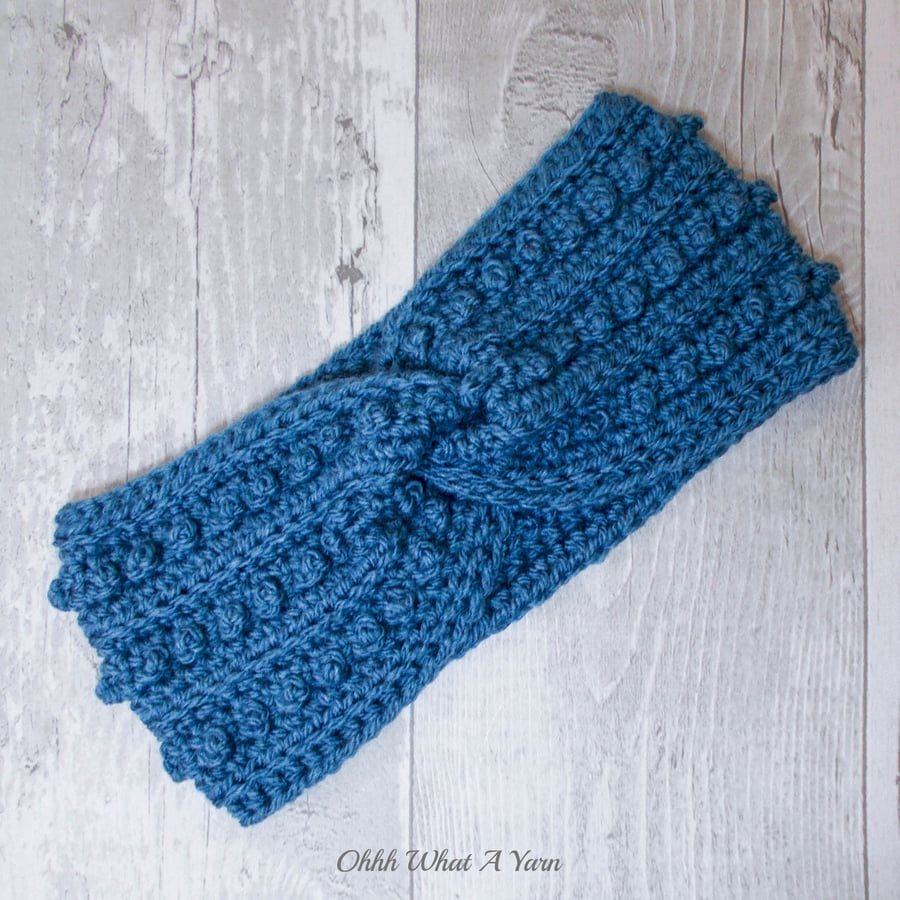 Ladies crochet blue, denim blue twist ear warmer. Ear warmer. Blue headband.