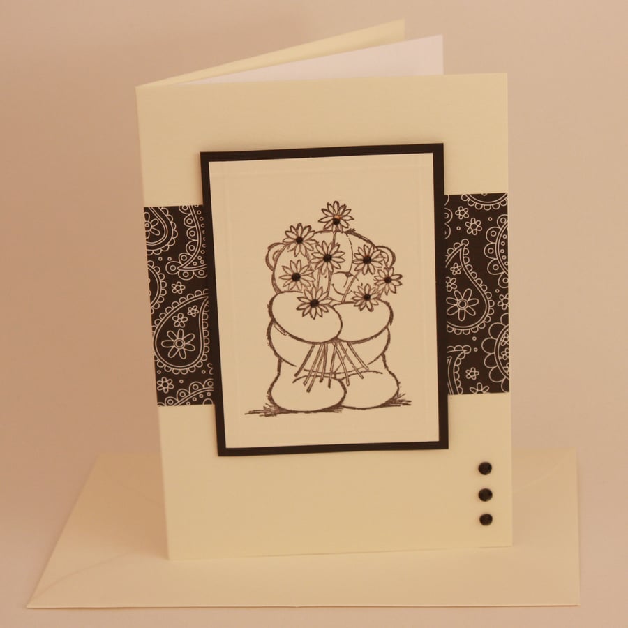 Handmade any occasion greetings card - Forever Friends bear with flowers