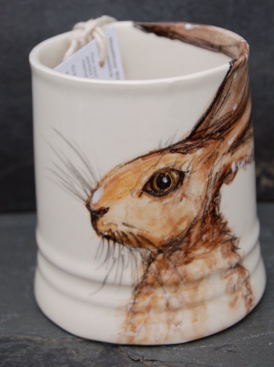 hare mug, hand painted, earthenware