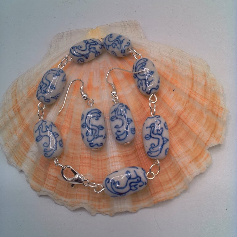 Bracelet and Earrings with Blue Patterned White Ceramic Beads, Gift for Her