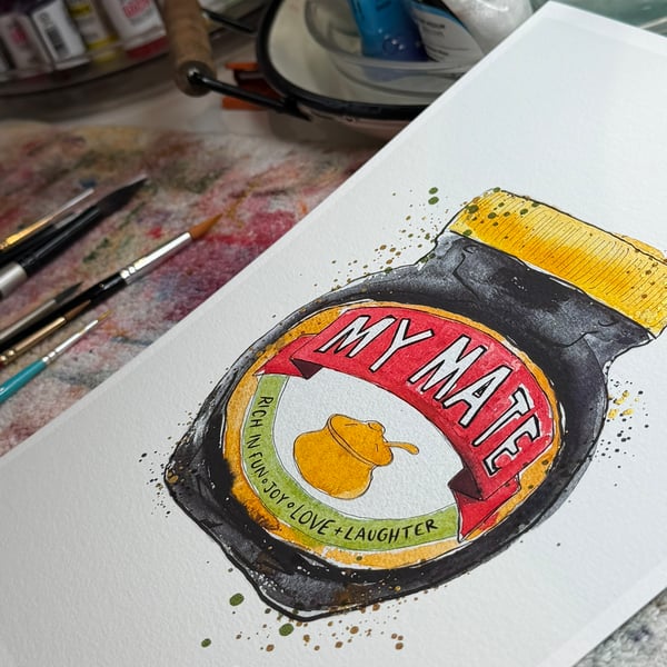 Hand Finished Watercolour A4 Art Print - Marmite My Mate