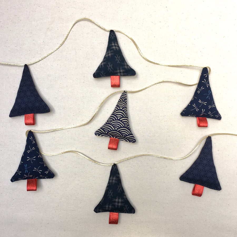 Christmas Tree Bunting Japanese Fabric Indigo