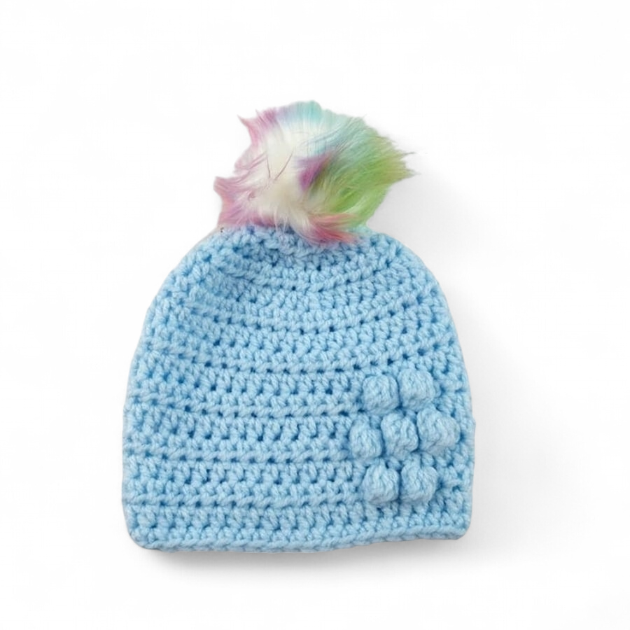 Crocheted Baby Pompom Hat, Blue Faux Fur, Bobble Flower Detail, 0-3 Months