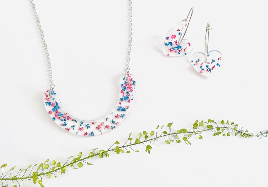 Ditsy pressed flower necklace and earring set, statement jewellery 