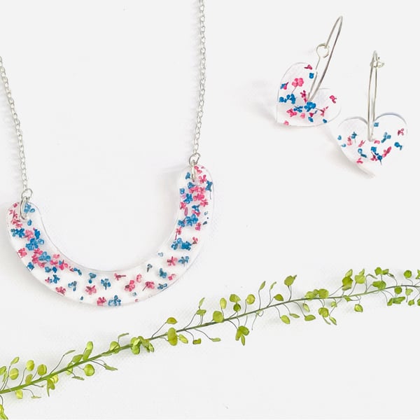 Ditsy pressed flower necklace and earring set, statement jewellery 
