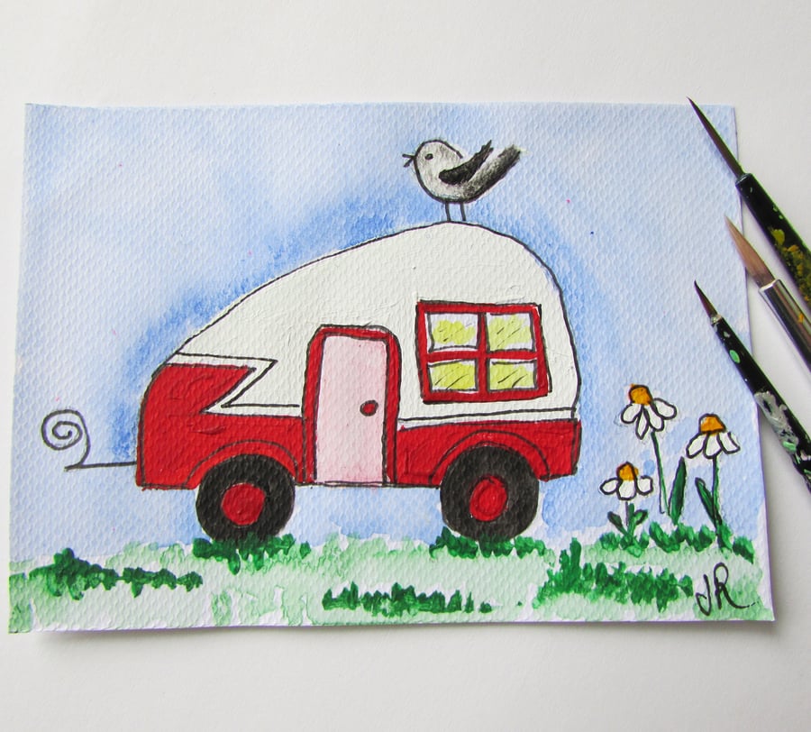 Original ACEO, Red and White Retro Caravan Small Art