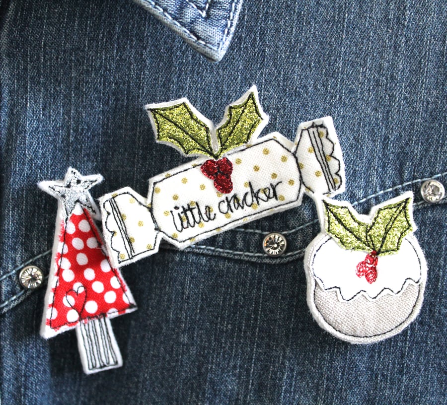 Three Christmas Brooches - Little Cracker, Pudding and Tree