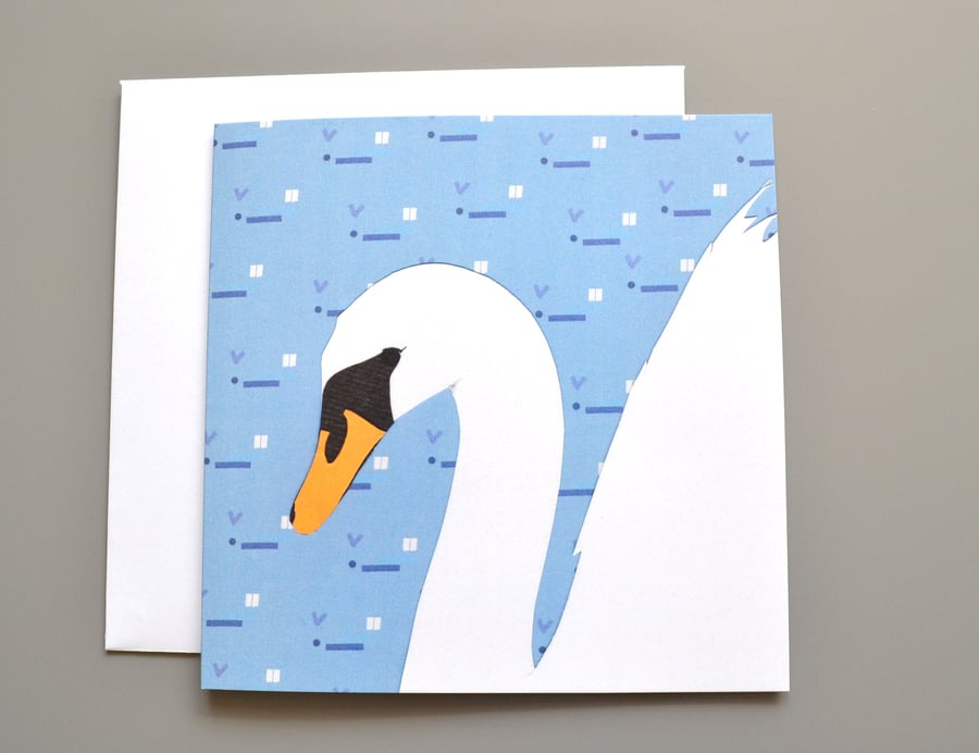 Swan blank or birthday card with patterned background
