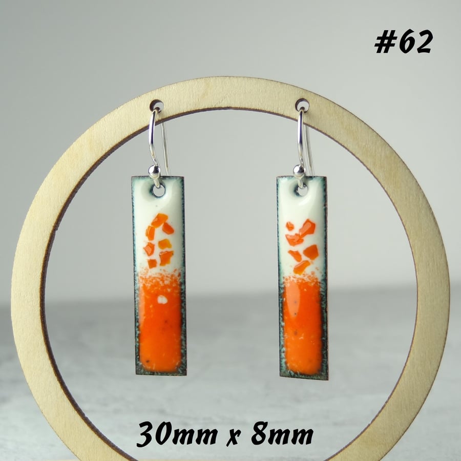 Orange glass enamelled copper drop earrings 30mm x 8mm, sterling silver (62)
