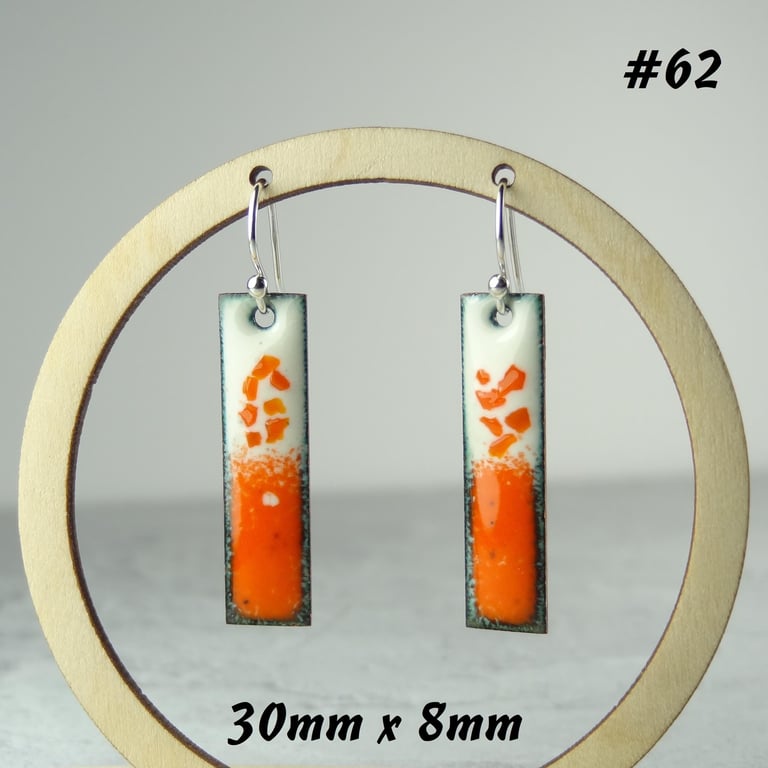 Orange glass enamelled copper drop earrings 30mm x 8mm, sterling silver (62)