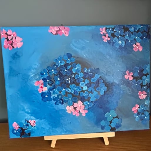 Blue and pink hydrangeas Original hand painted acrylic . 16x12"approx 