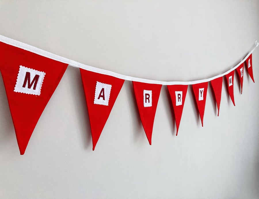 Marry me? Red cotton fabric bunting. Proposal, engagement decor