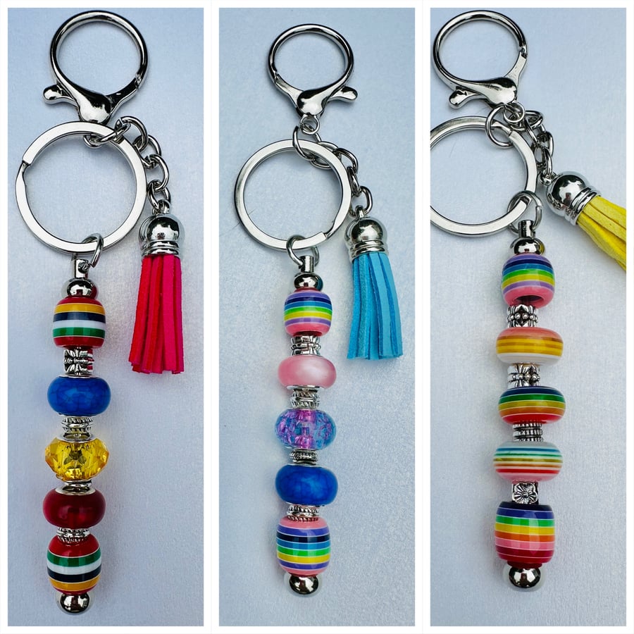 PRIDE keyring bag charms, festival, colourful beads and tassels. Free post.  