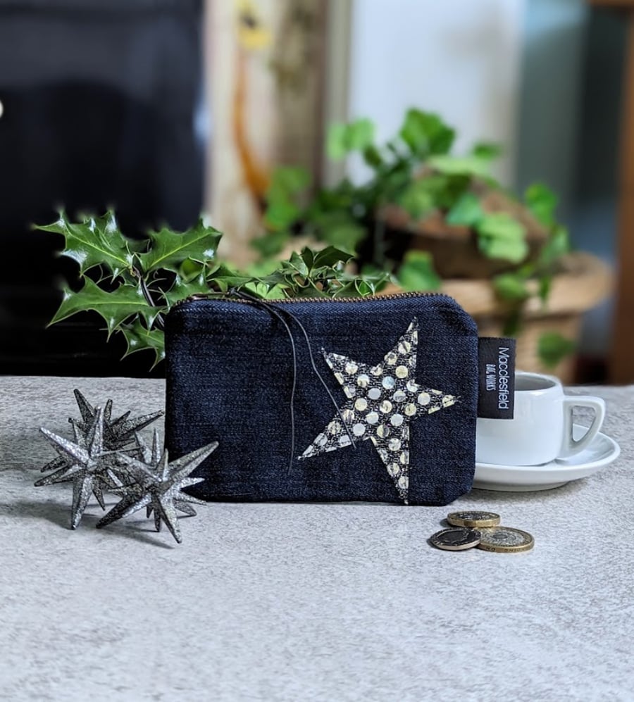 Denim Purse. Recycled Denim Pouch with Silver Star Motif (P&P included)