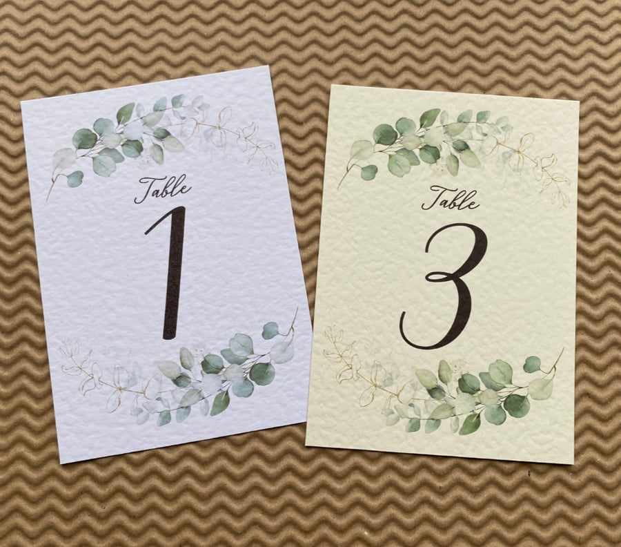 Minimalistic eucalyptus wreath TABLE NUMBERS wedding foliage simple A6 card