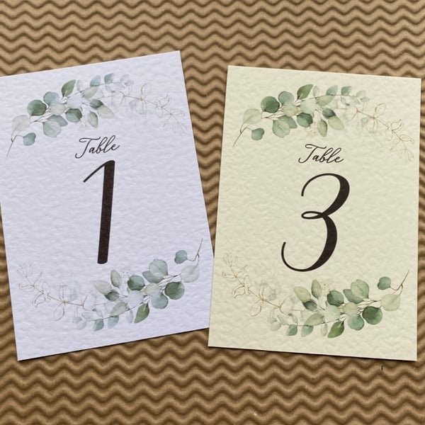 Minimalistic eucalyptus wreath TABLE NUMBERS wedding foliage simple A6 card