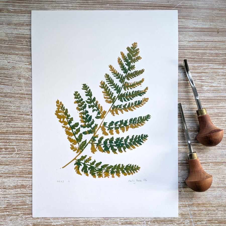 Forest Fern Linoprint, original leaf print linocut, natural botanical art