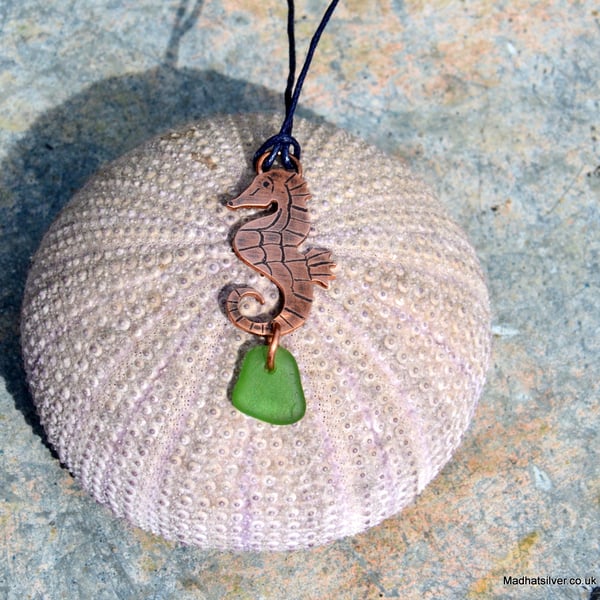 Copper seahorse pendant with seaglass