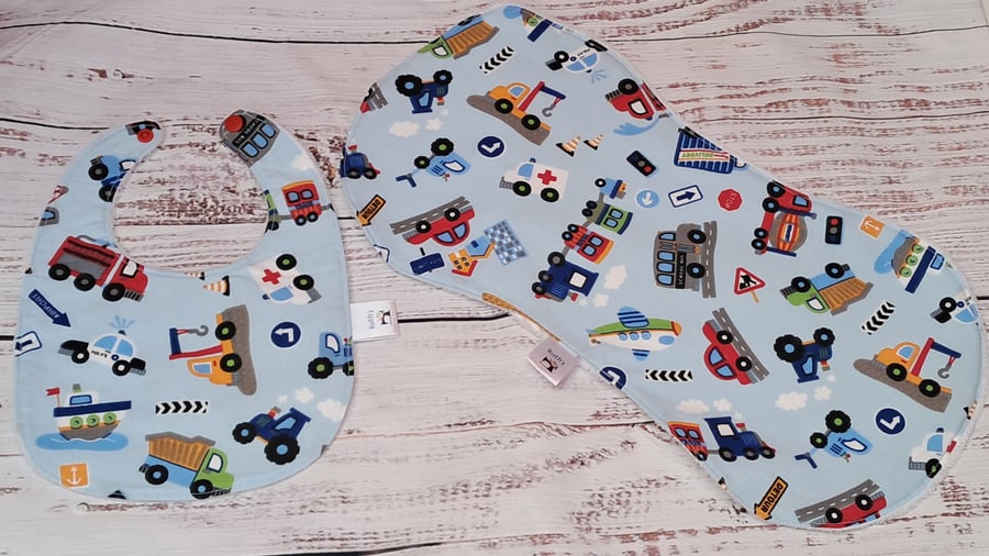 Vehicles bib and burp cloth - newborn gift set