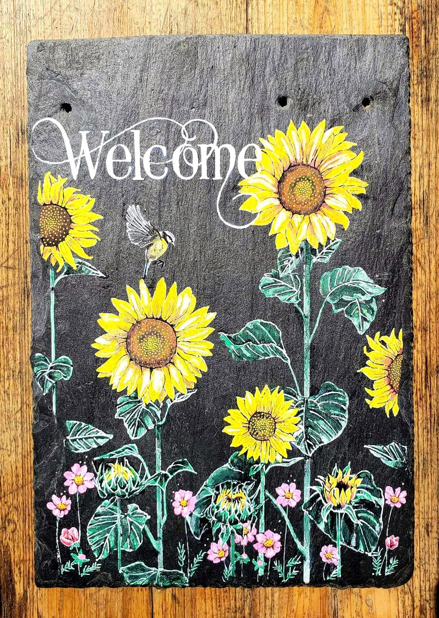 Bluetit & Sunflowers Hand-painted Welsh Slate Welcome Sign