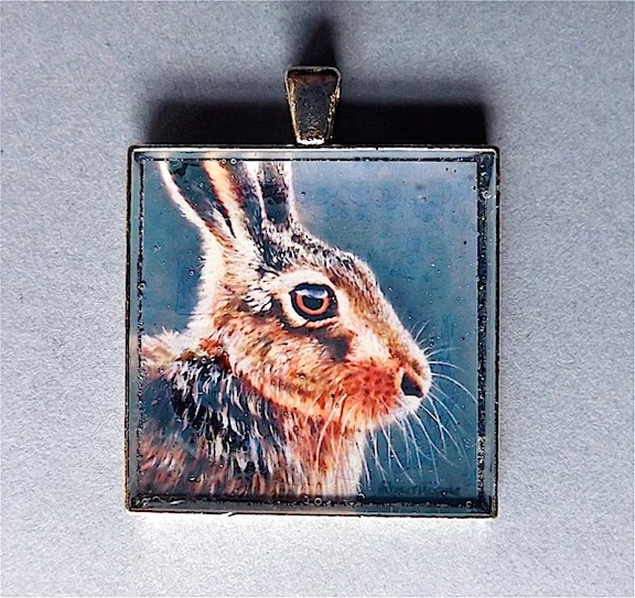 Brown Hare pendant " Hare Portrait " from original art work.