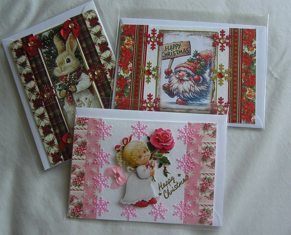 Set of 3 (Three) Beautiful Hand-Crafted Christmas Decoupage Greeting Cards (t)