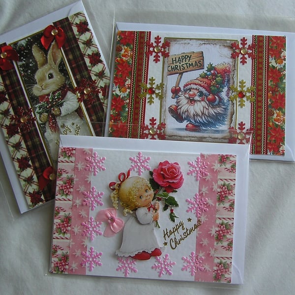 Set of 3 (Three) Beautiful Hand-Crafted Christmas Decoupage Greeting Cards (t)