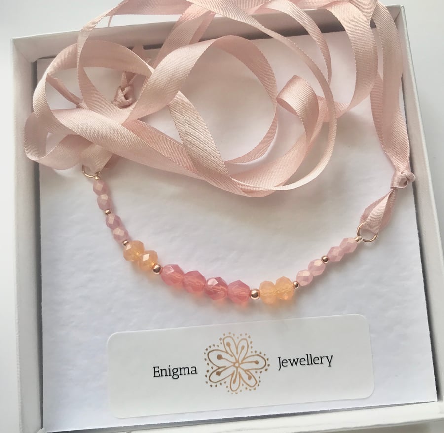 Sterling Silver, Rose Gold Plated Beaded Choker or Necklace - Silk Ribbon